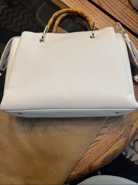 New Patricia Nash Off White Leather Satchel with Bamboo Handles & Dust Cover.